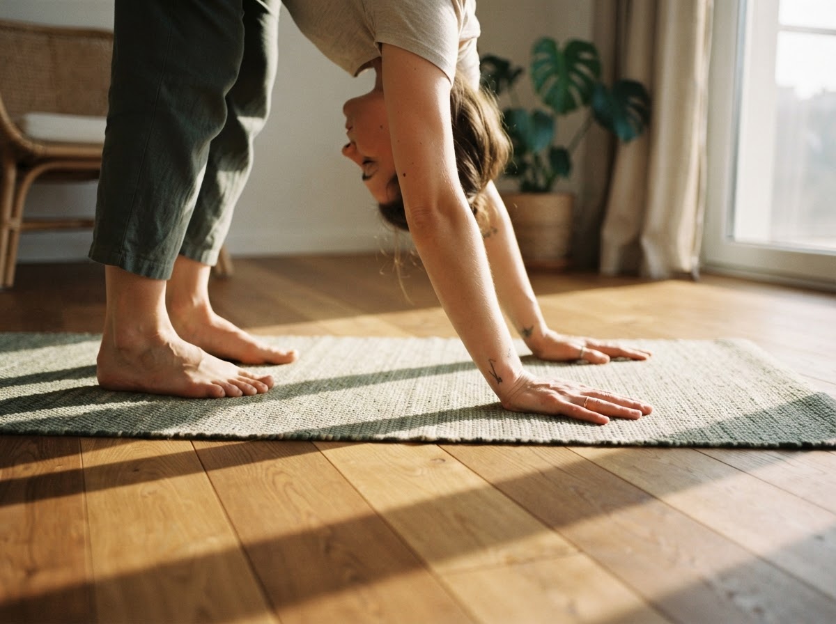 Bare feet and hands on a cotton mat during morning practice