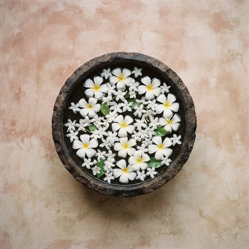Frangipani flowers floating in a dark stone water bowl