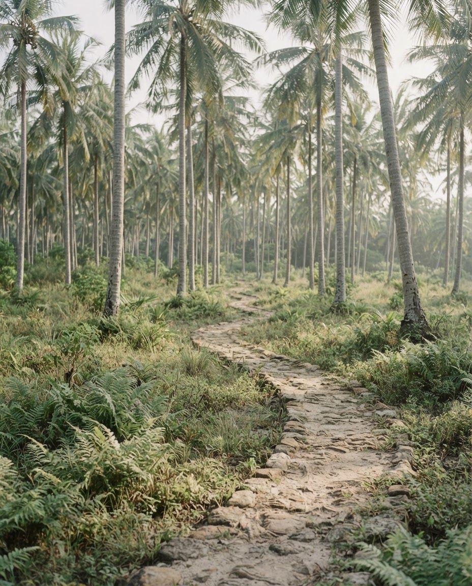 A stone path curving through tall coconut palms