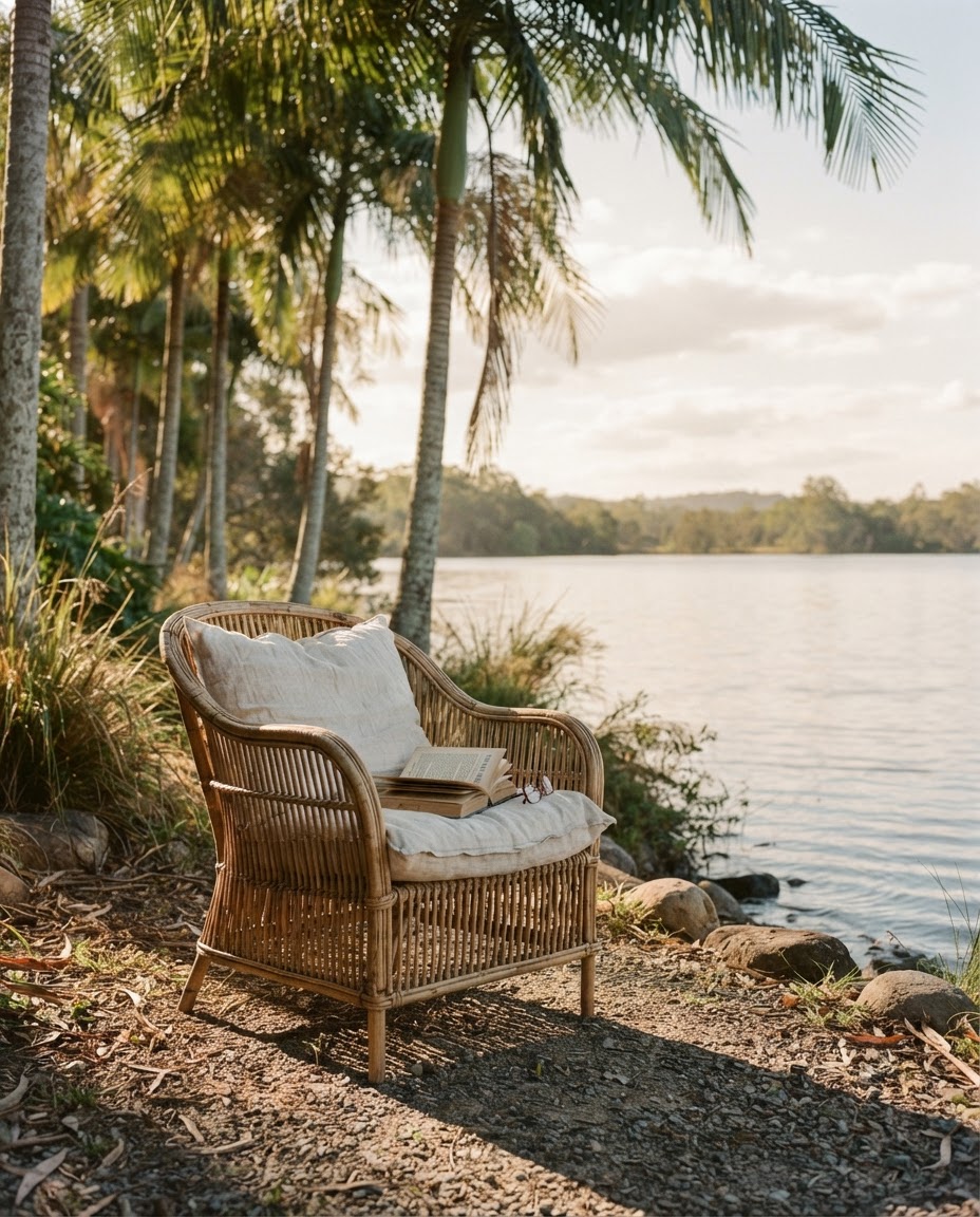 A rattan chair with an open book in dappled shade beside the lake