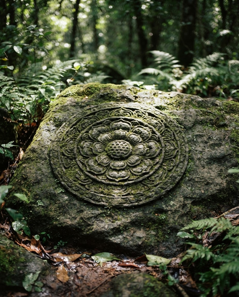 A weathered stone lotus medallion with moss in its crevices