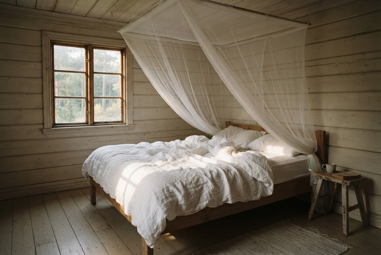Rumpled white linen bedding with morning light across it