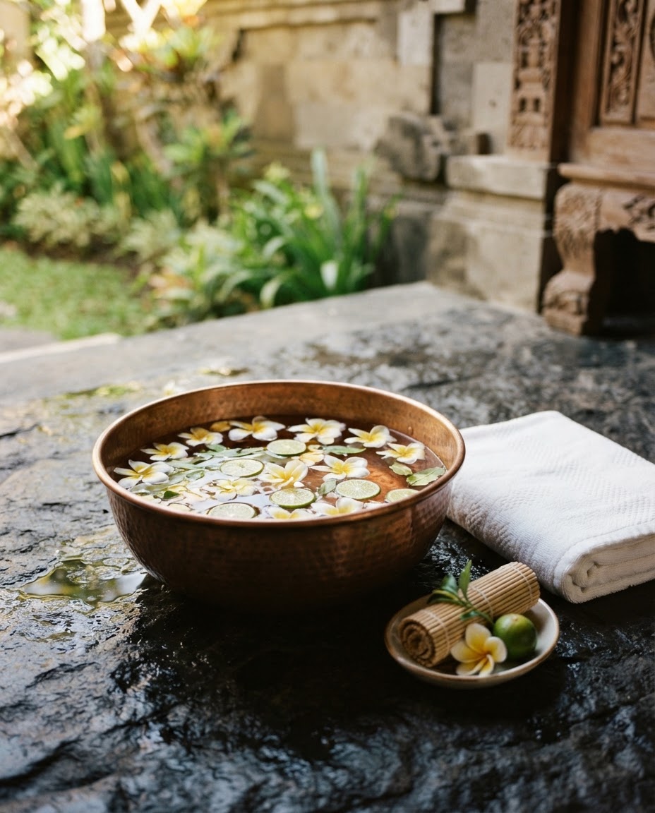 A copper foot bath with frangipani petals and lime floating in warm water