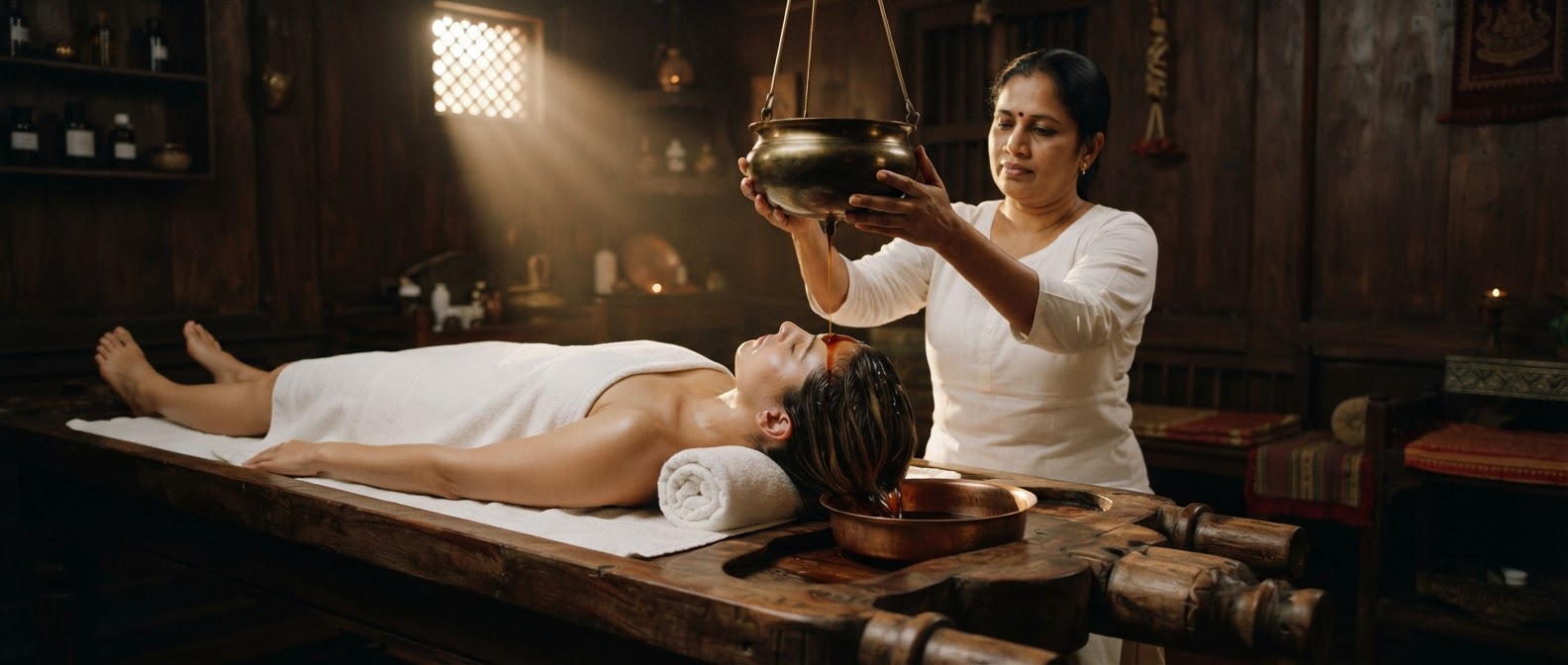 Warm oil flowing onto a guest’s forehead during a shirodhara treatment