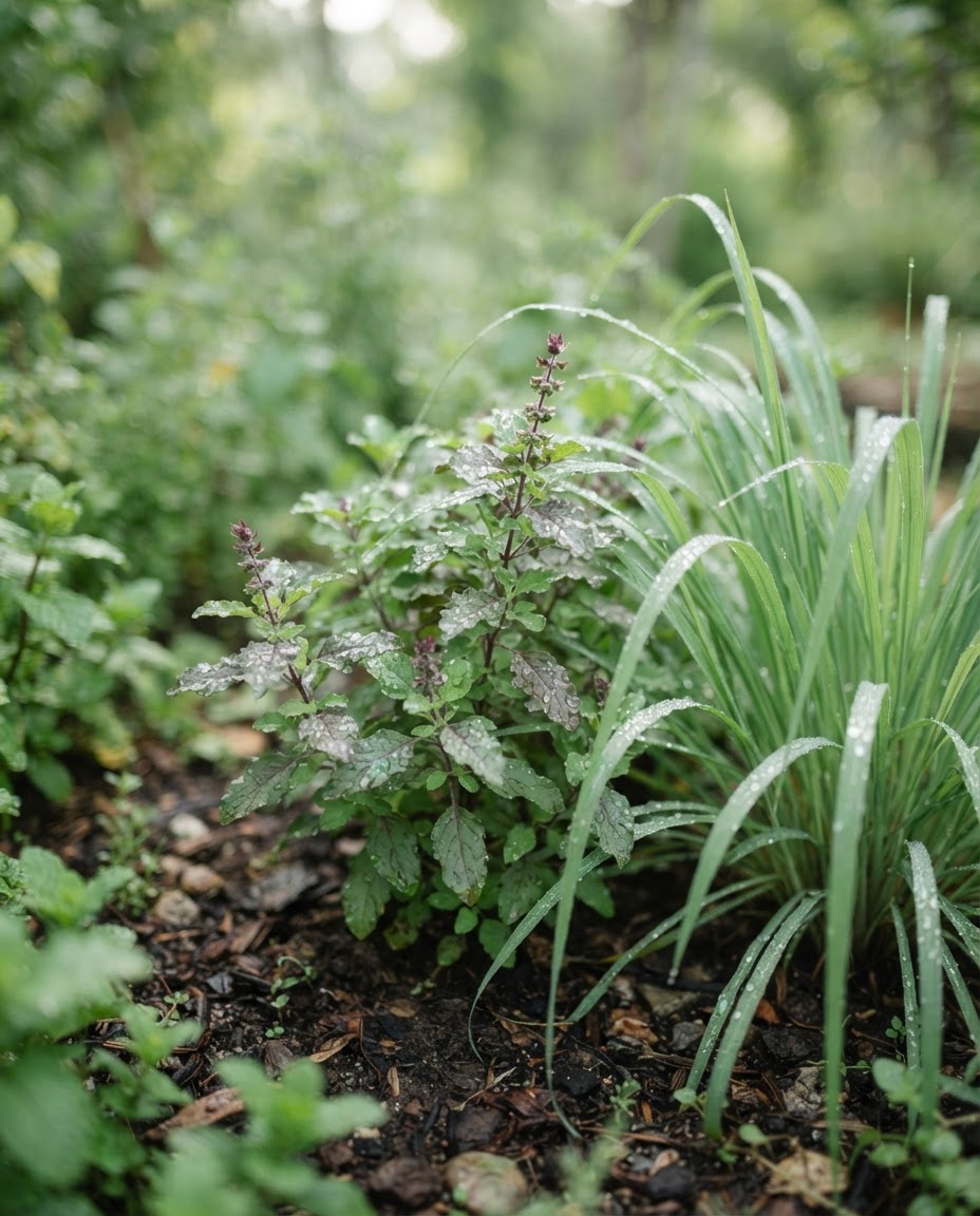 Tropical herb garden with dew on holy basil and lemongrass