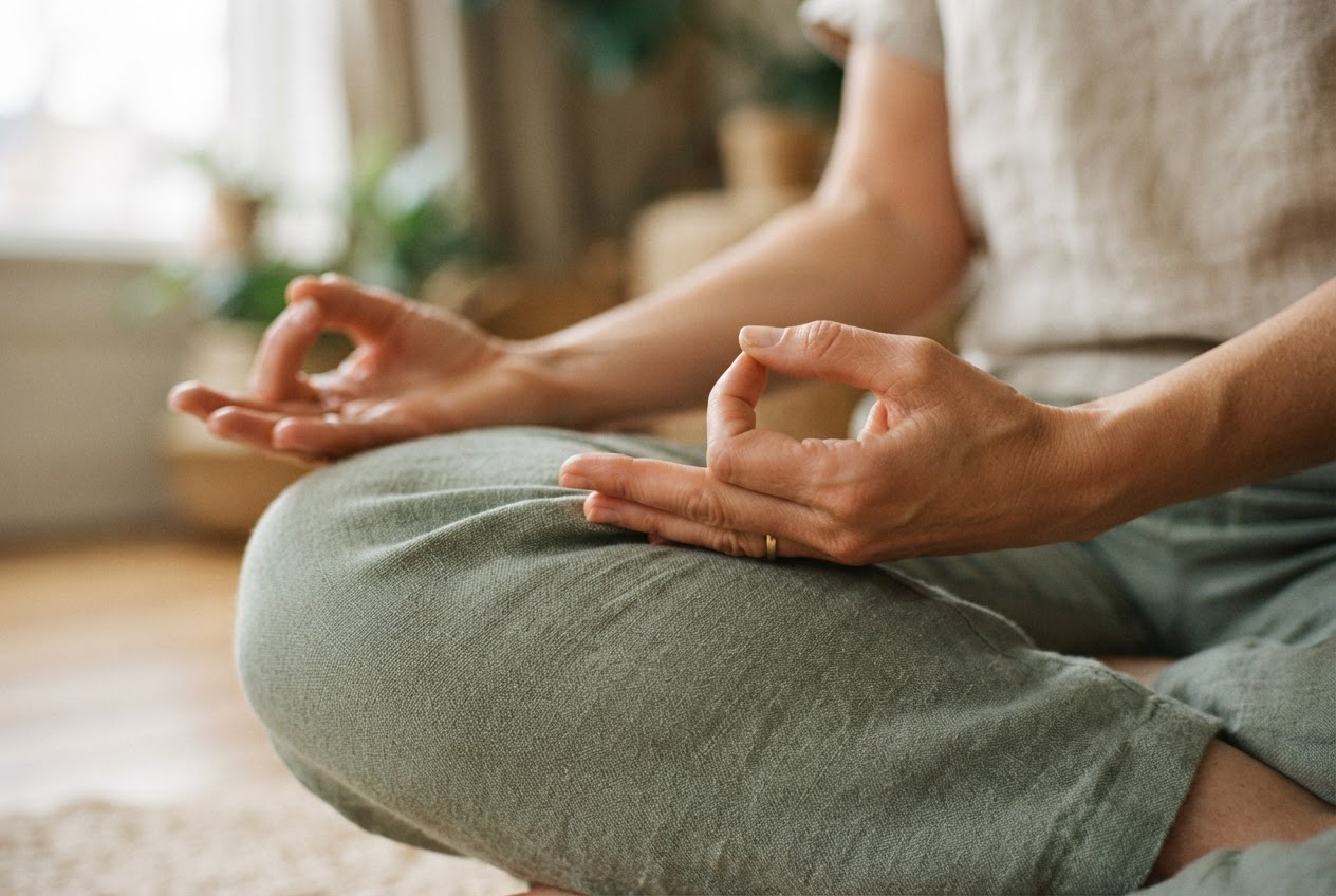 Relaxed hands resting on crossed knees in a simple mudra