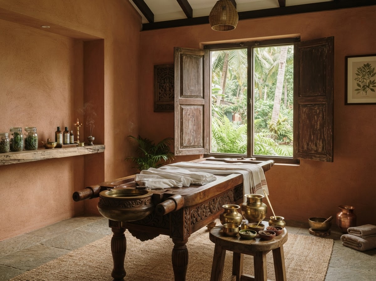 A traditional Ayurvedic treatment room in warm light