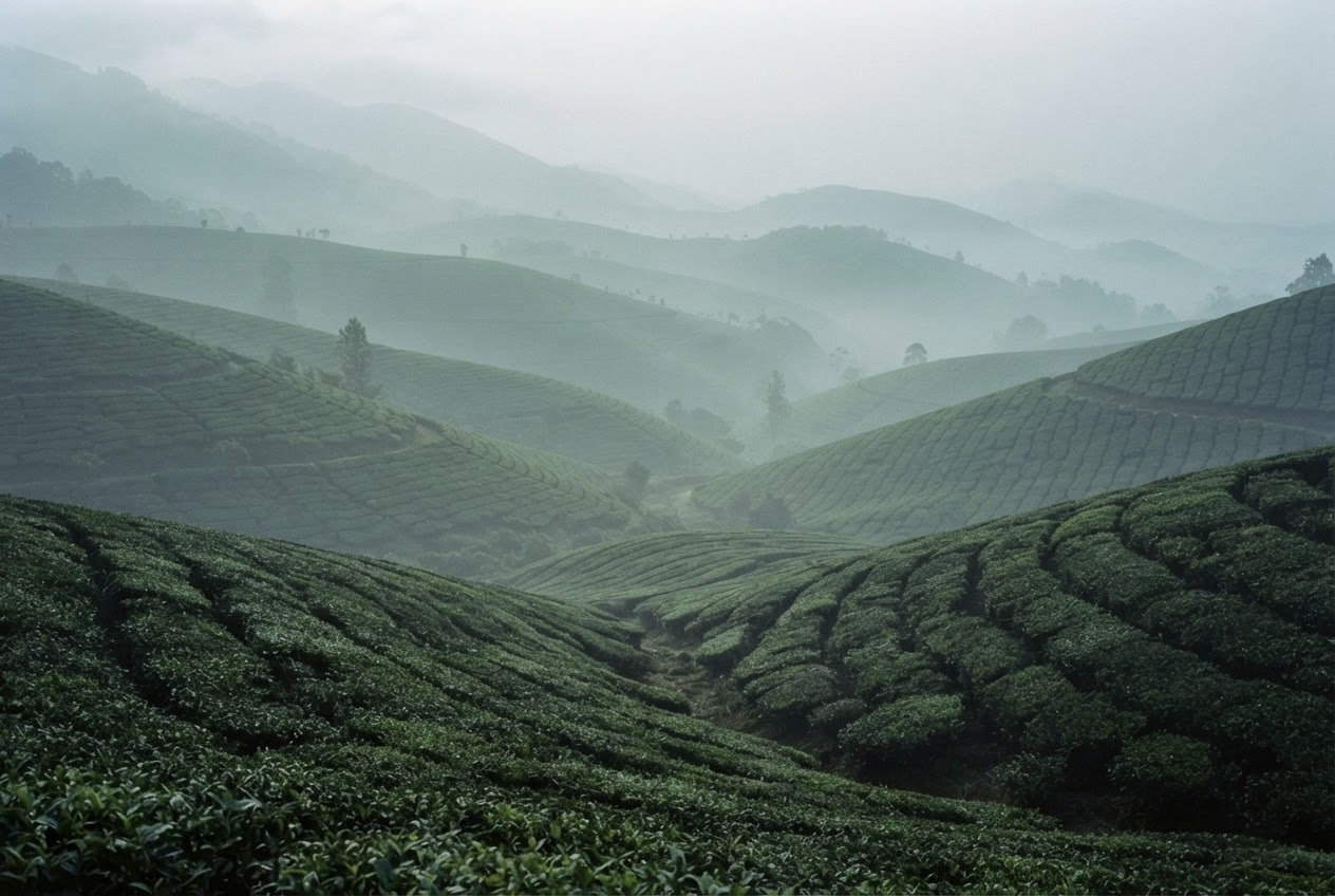 Misty tea-country hills in the early morning