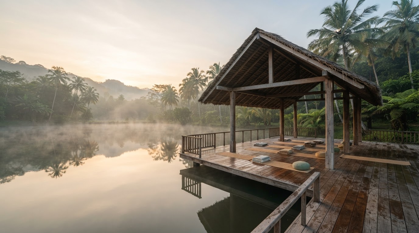 120 m² teak platform, open on three sides to the water.