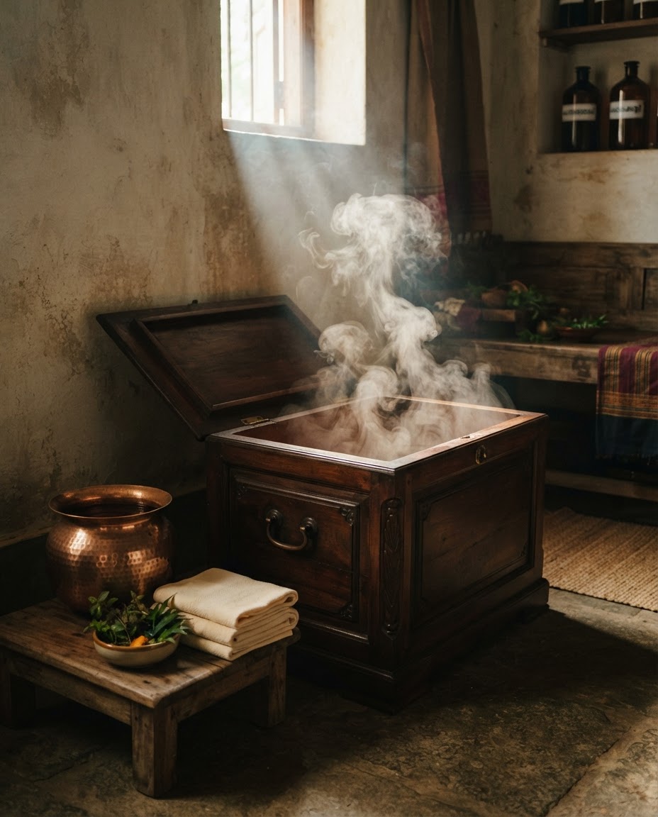 Steam curling in a dark wooden Ayurvedic steam chamber