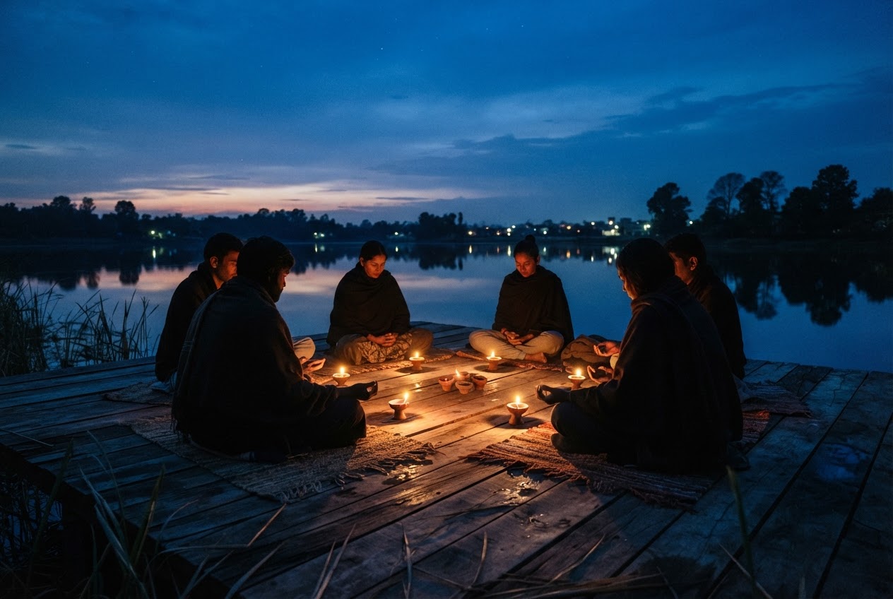 Silhouettes seated in a circle at dusk with clay lamps between them