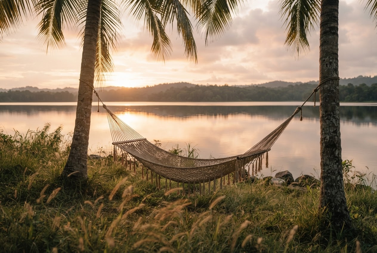 An empty woven hammock between two palms above a calm lake at golden hour