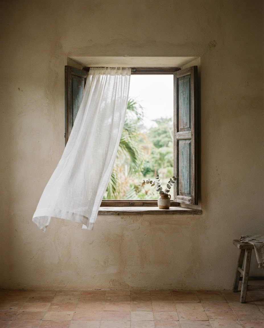 A sheer linen curtain lifting in the breeze at an open shuttered window