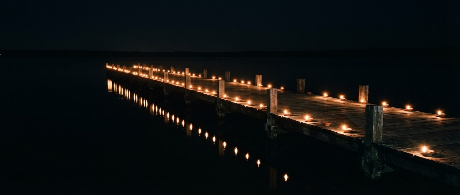 Clay oil lamps glowing along a wooden jetty at night