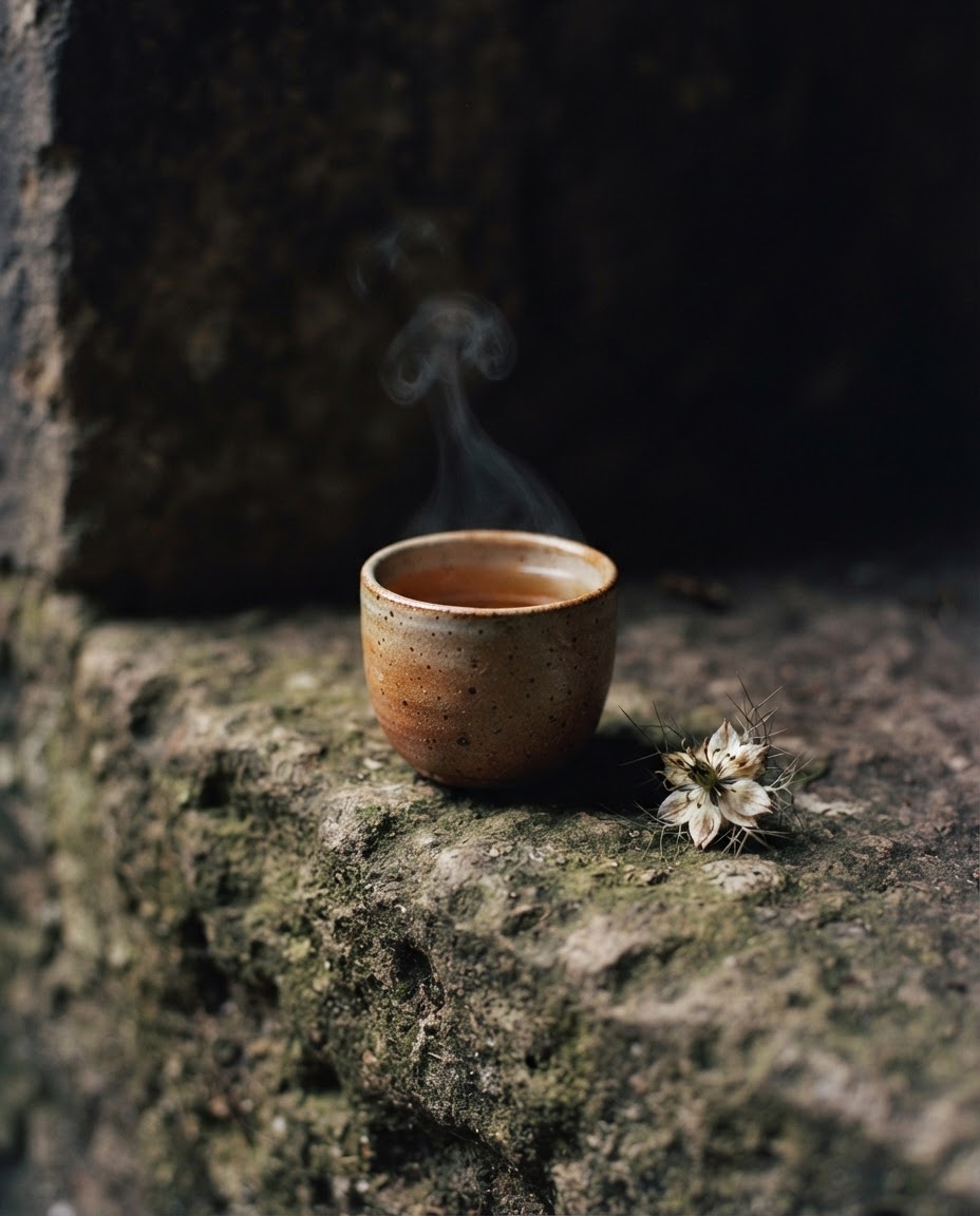 A small clay cup of herbal tea steaming on a stone ledge